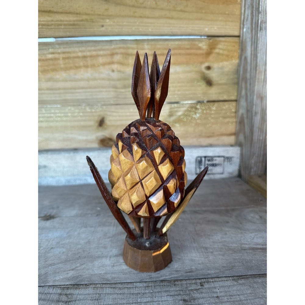 Hand Carved Mahogany Wood Pineapple Sculpture Unique Piece Folk Art Decor Tropic